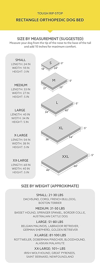 K9 Ballistics Tough Ripstop Orthopedic Rectangle Dog Bed Removable Washable Cover, Solid Orthopedic Foam for Size XXL Giant Big Dogs 68"x40", Sandstone