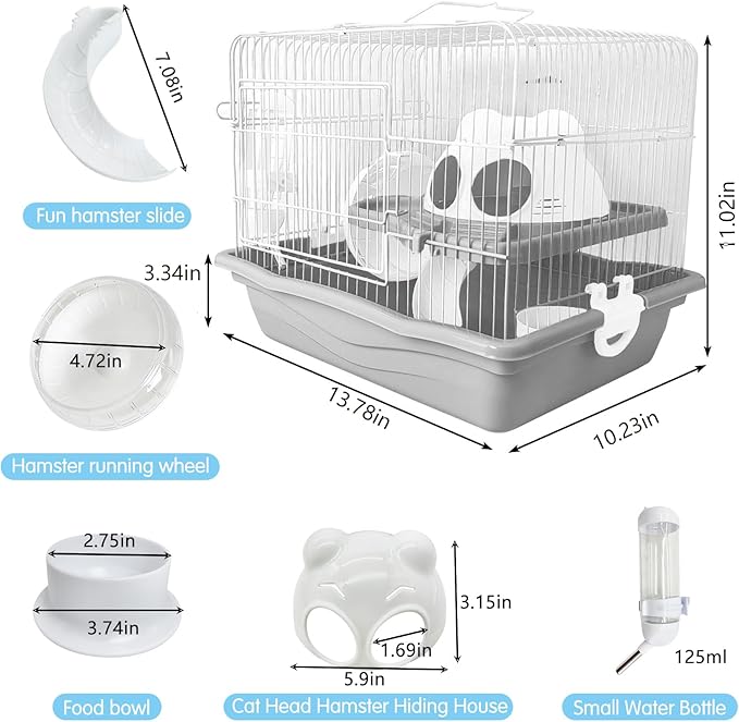 PINVNBY Dwarf Hamster Cage, Small Animal Cages, 2-Tier Travel Portable Mouse Cage Hamster Carrier with Castle House Running Exercise Wheels, Water Bottle and Food Dis（Gray）