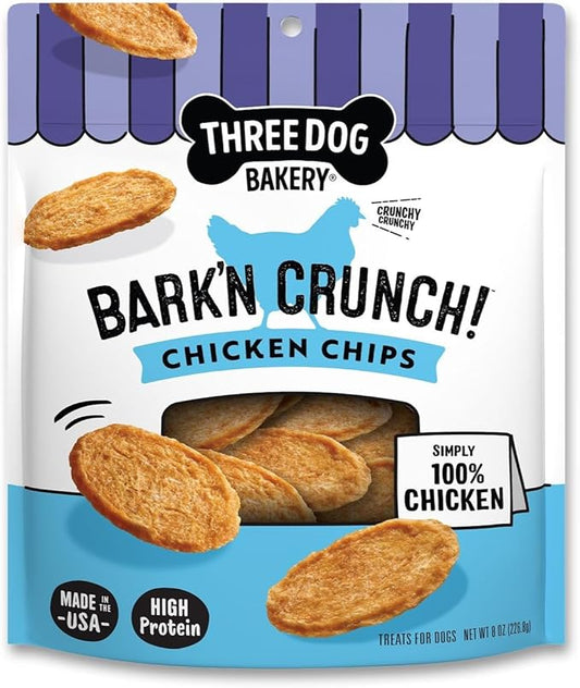 Three Dog Bakery Bark’N Crunch! Chicken Chips, Crunchy Treats for Dogs, Single Ingredient, High Protein Snacks, No Artificial Flavors or Colors, Made in The USA, 8 oz