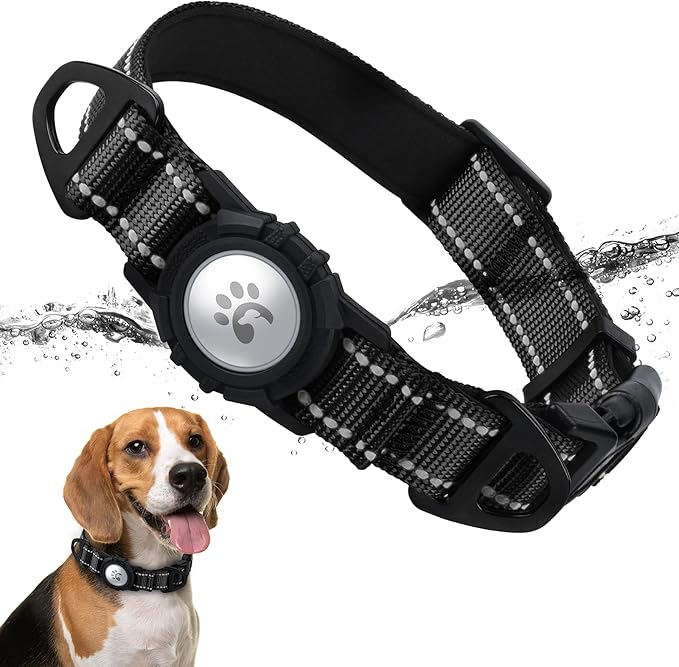 TagME Airtag Dog Collar,Waterproof Reflective Pet Collar with Airtag Holder,Soft Padded and Double D-Rings for Medium Dogs,Black
