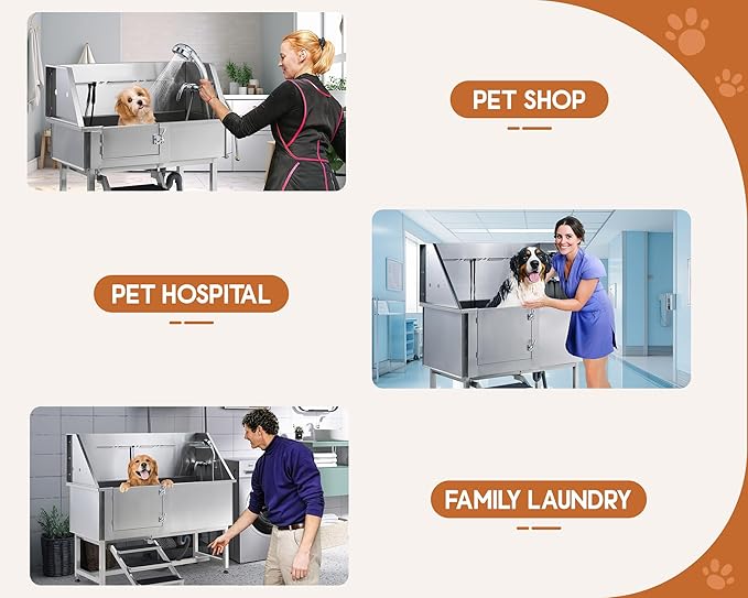 Albott 50-Inch Stainless Steel Dog Washing Station with Anti-Slip Steps, Sprayer, Faucet, and Soap Box – Professional Pet Bathtub for Medium/Small Pets, Ideal for Home, Garage, and Grooming(Left)