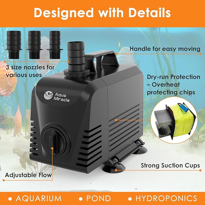 AquaMiracle Submersible Water Pump Aquarium Water Pump with Flow Control, Pond Pump Fountain Pump for Pond, Fountain, Waterfall, Statuary, Water feature, Hydroponics (550GPH, 35W)