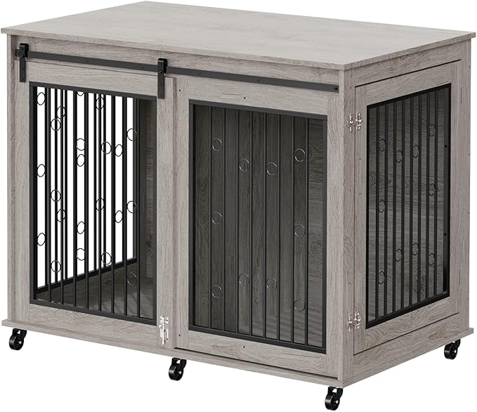 IchbinGo Large Dog Crate Furniture, 47" Wooden Dog Kennel with Sliding Barn Door, Flip-Top Lid & Wheels, Indoor Pet Crate Table with Detachable Divider for Small/Medium/Large Dogs (Rustic Grey)