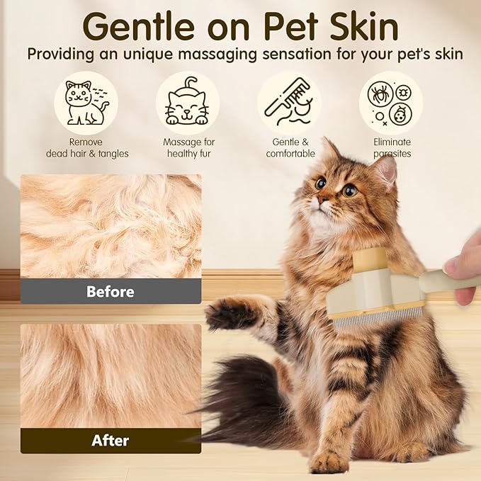 Pet Hair Removal Comb Flea Comb, New Cat Brush with Release Button Pet Hair Grooming Brush Supplies (GREEN)