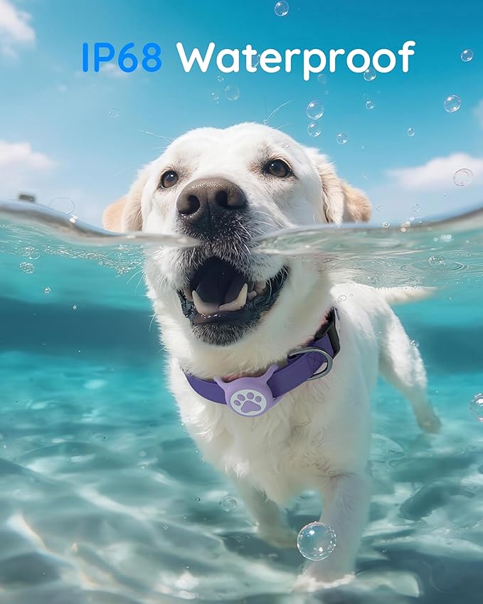 IP68 Waterpoof Dog Airtag Holder, Stretchy Silicone Full Body Covered Apple Air Tag Holder for Dog Cat Collar Fit All Width Collar (Purple, 1 Pack)
