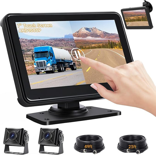 7'' HD1080P Wired Backup Camera System with Touch Screen Monitor, 2 Wired Rear View Cameras, Colorful Night Vision& IP68 Rated &10G Vibration, Backup Camera for Trucks/RVs/Trailers/Skid Steer