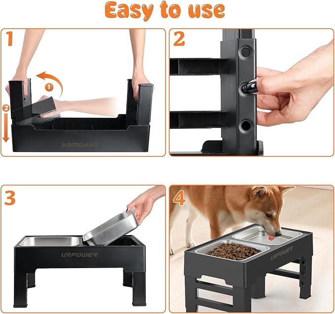 URPOWER Elevated Dog Bowls 4 Height Adjustable Raised Stand with 2 Large Stainless Steel Dog Food and Water Bowl for Small, Medium, Large Dogs and Pets