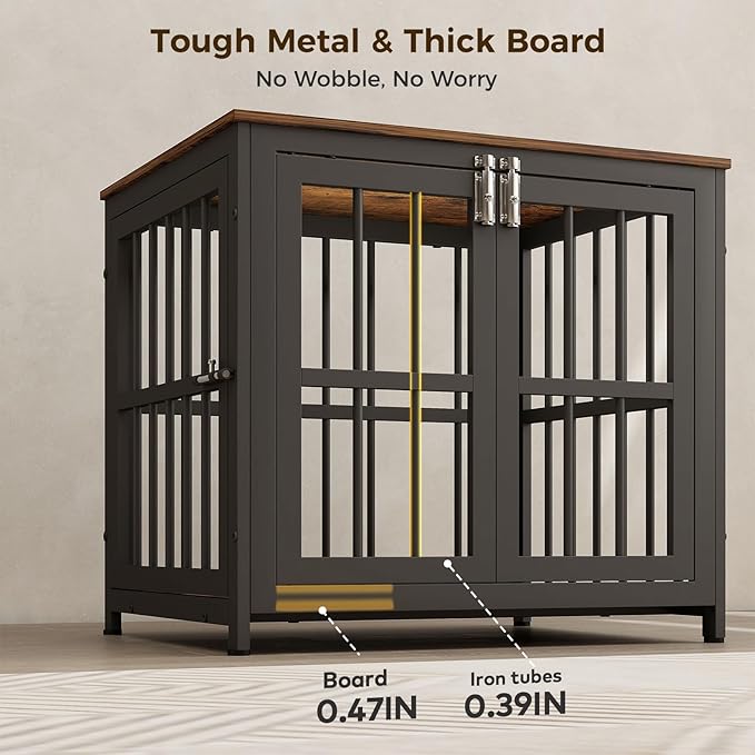 26 Inch Heavy Duty Wooden Dog Kennel End Table with Double Door Design and Secure Locks, Indoor Pet Crate Furniture for Small Dogs, Decorative Home Cage Design,Aged Black