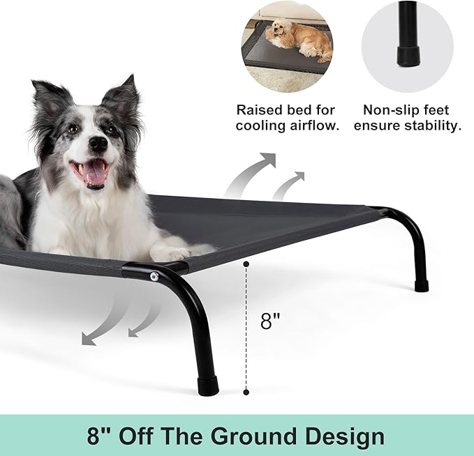 50" Lx35 Wx8 H Cooling Elevated Dog Bed for Large Dogs with Non-Slip Floor Protectors & Breathable Mesh, Raised Indoor & Outdoor Dog Cot Pet Hammock, Grey