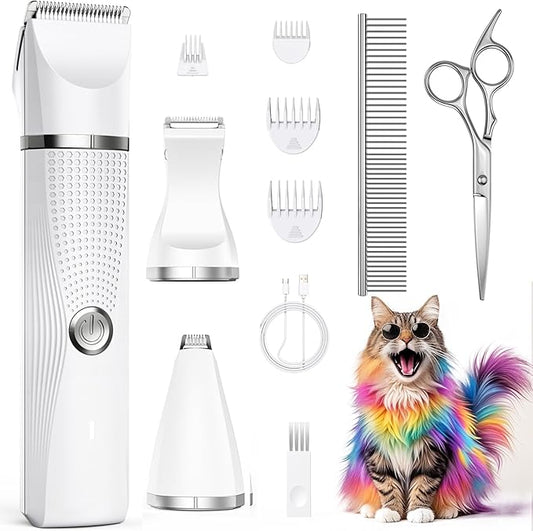 Cat Grooming Clippers Kit with Paw Trimmer, 3 in 1 Electric Pet Hair Trimmer Supplies for Thick Matted Hair, Heavy Coat Butt Shaver Cat Razor Fur Trimmer for Dogs at Home