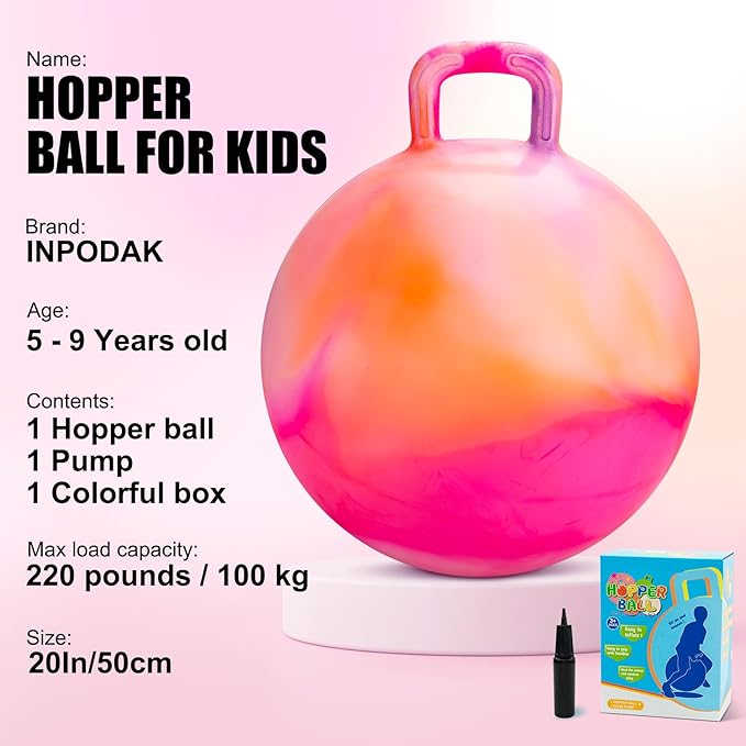 INPODAK Hopper Ball, 20 Inch Bouncy Ball with Handle for Kids, Hippity Hop Jumping Bounce Hopping Toys for Boys Girls Ages 5-9 with Pump and Gift Box Great Gift for Birthday Holiday (Orange)