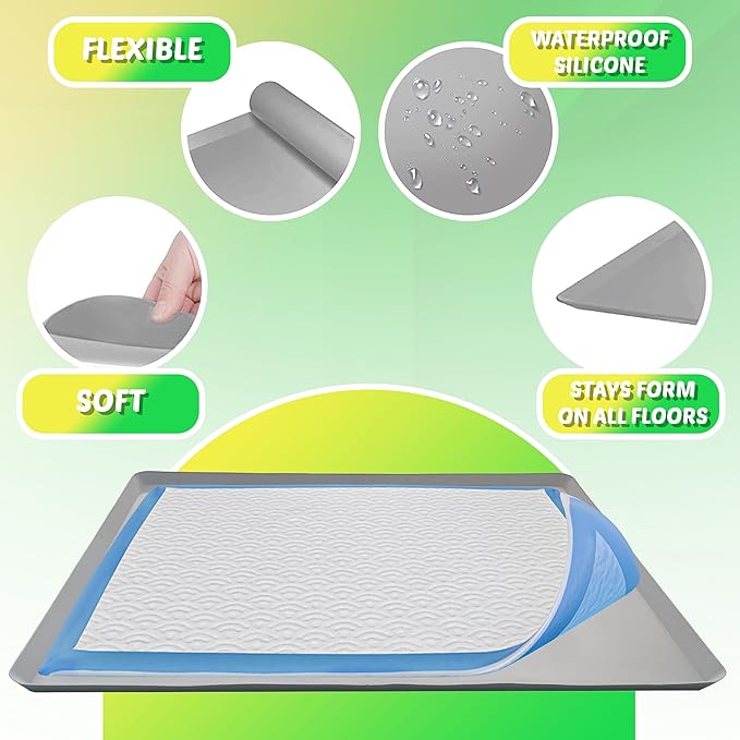 TidyFriend Pee Pad Holder Tray 30 x36 Inches, Puppy Pad Holder, Easy to Clean and Store Pee Pad Holder for Dogs, Silicon Training Pad Holder, No Spill Puppy Pad Holder (Light Grey)