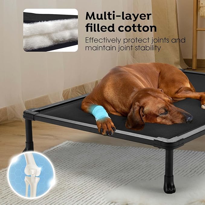 Veehoo Chew Proof Elevated Dog Bed, Durable Raised Pet Cot with Soft PP Cotton-Filled Waterproof Mat, Washable Padded Cot for Indoor, Outdoor & Camping, 35-Inch, Black