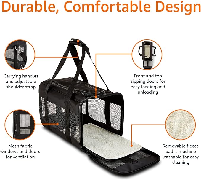Amazon Basics Soft-Sided Mesh Pet Travel Carrier for Dog, Cat, up to 16 pounds, 16.5" L x 10.6" W x 11" H, Black