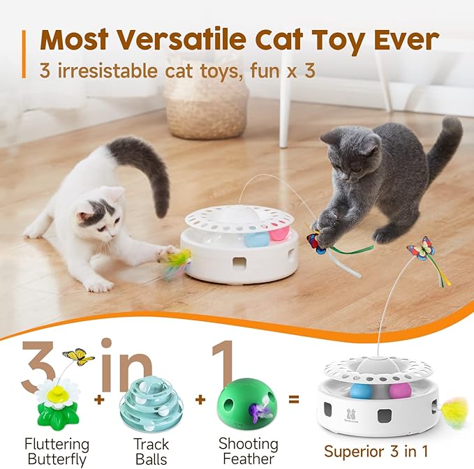 Potaroma Cat Toys 3in1 Automatic Interactive Kitten Toy, Fluttering Butterfly, Moving Feather, Track Balls, Dual Power Supplies, USB Powered, Indoor Exercise Kicker (Bright White)