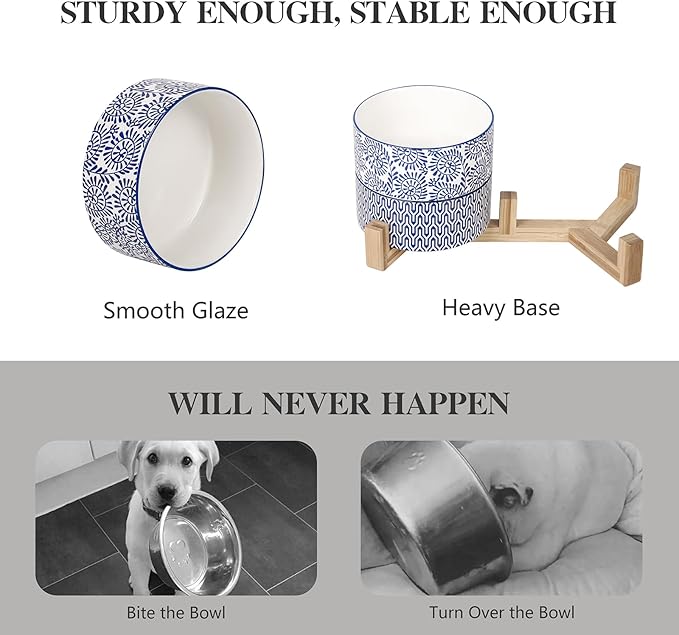 Selamica Ceramic 14 OZ Dog Bowls, Dog Food and Water Bowls with Wooden Stand, Anti-Slip Dog Dishes Set for Cats & Small Dogs, Weighted Pet Bowls Set of 2, Vintage Blue B