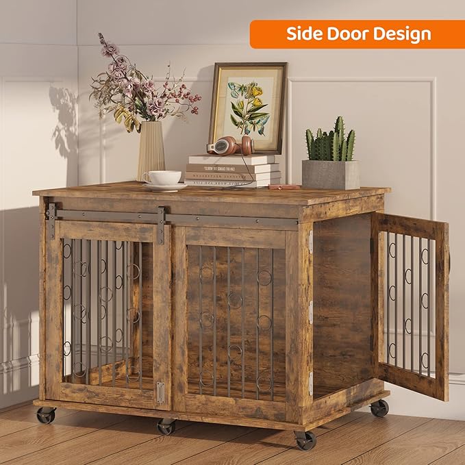 IchbinGo Large Dog Crate Furniture with Sliding Barn Door, 43.7" Wooden Dog Kennel End Table with Wheels and Flip-top Plate Dog House with Detachable Divider for Small/Medium/Large Dog (Rustic Brown)