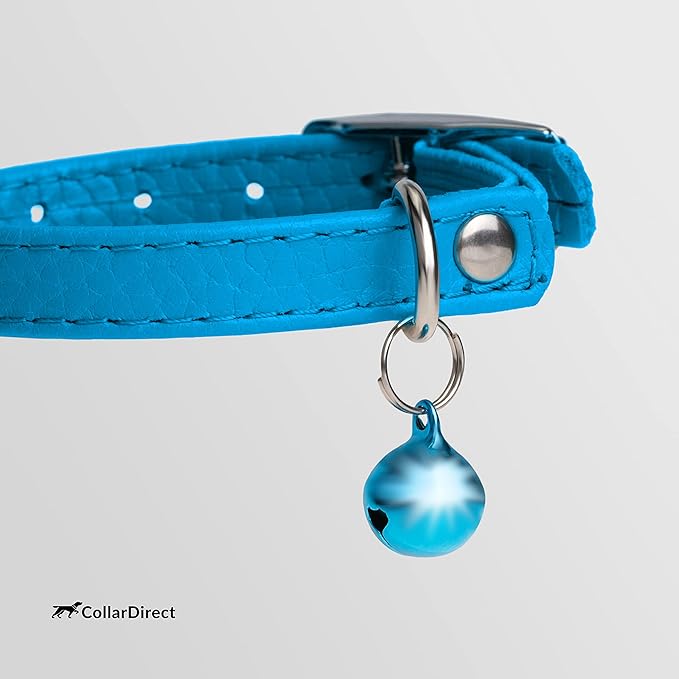 CollarDirect Leather Cat Collar, Kitten Collar with Removable Bell Black Blue Red Orange Lime Green (8-11 Inch, Light Blue)