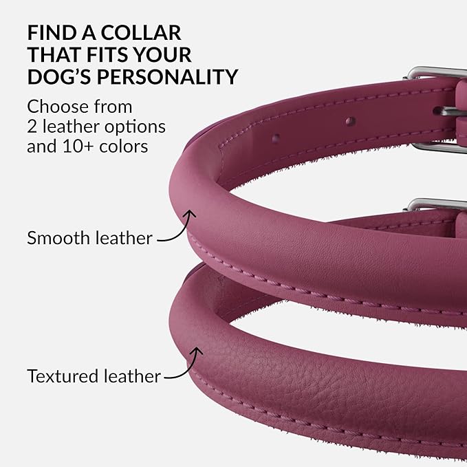 CollarDirect Rolled Leather Dog Collar, Soft Padded Round Puppy Collar, Handmade Genuine Leather Collar Dog Small Large Cat Collars 13 Colors (6-7 Inch, Pink Smooth)