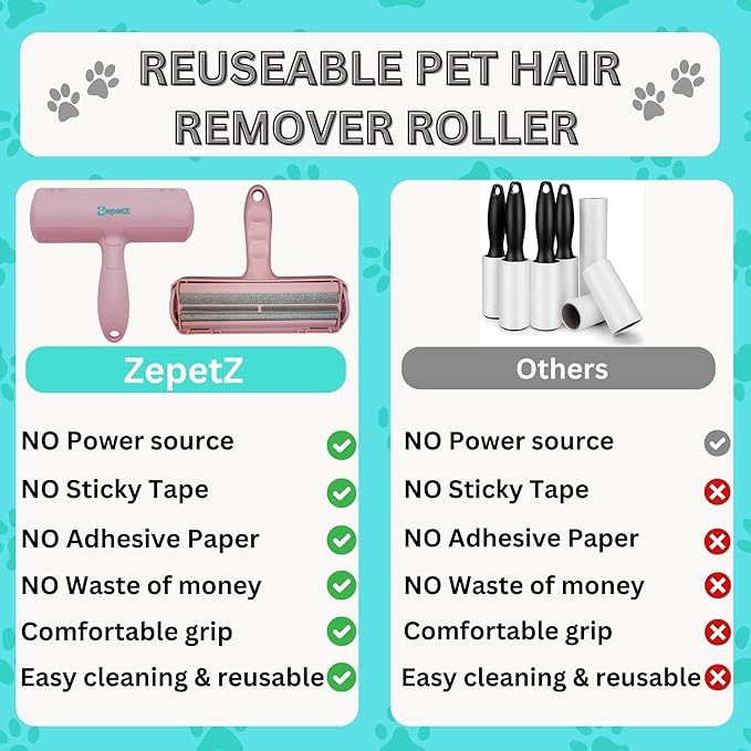 Pet Hair Removal Tool – Reusable Lint Roller for Dogs & Cats – Self-Cleaning Fur Remover Brush – Ergonomic Lint Roller for Carpet, Bedding, Couch, Car Seat & More (Pink)