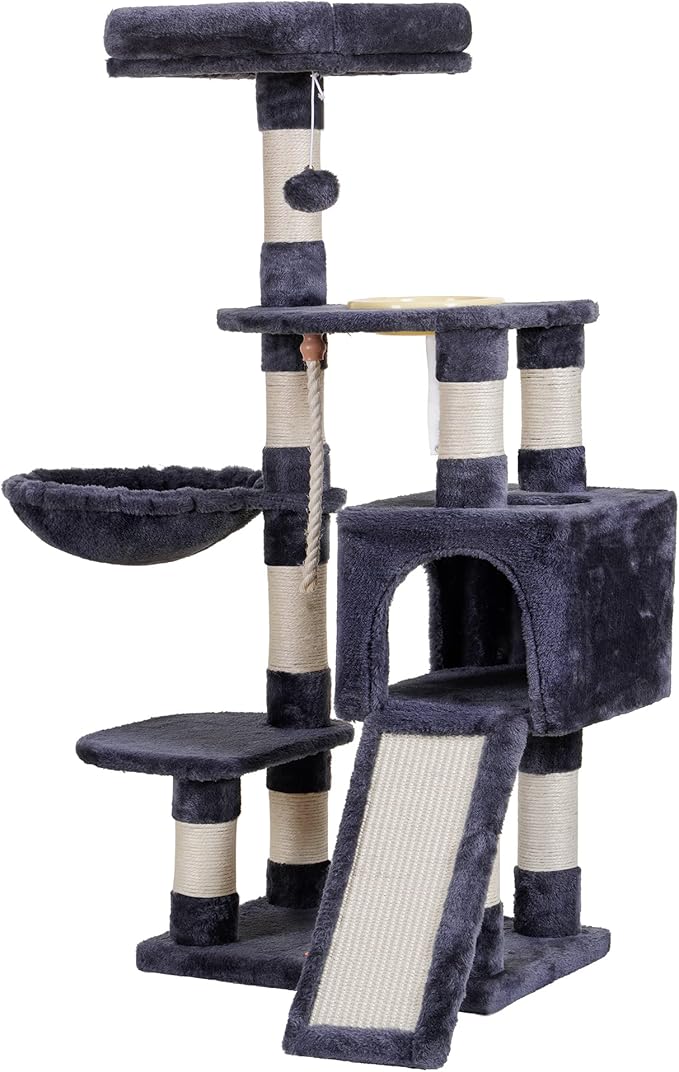 Heybly Cat Tree, Cat Tower for Indoor Cats with Scratching Board, Multi-Level Cat Furniture Condo with Feeding Bowl Smoky Gray HCT010SG