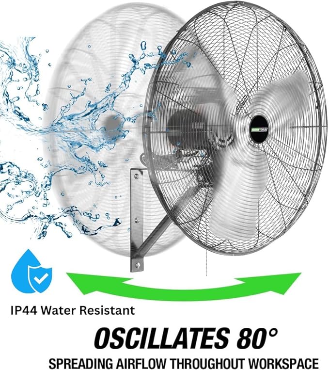 OEMTOOLS 24" Outdoor Wall Mount Fan, 80° Oscillating Fan 6800 CFM Max, Water Resistant, Use in Garage, Gym, Warehouse, Factory and Jobsite