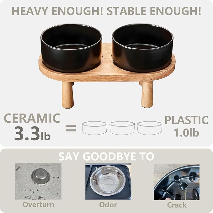 Ceramic Elevated Dog Bowls, Pet Food and Water Bowl Set for Small Dogs and Cats, 1.7 Cups Elevated Cat Bowls with Wood Stand, 14OZ, Black