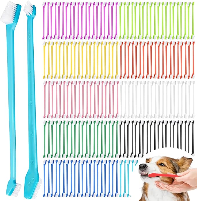 200 Pcs Dog Toothbrush, Pet Double Sided Brushing Kit Long Handle Soft Bristles Dogs Tooth Brush for Small to Large Dog, Cat, Puppy & Kitten, 10 Colors