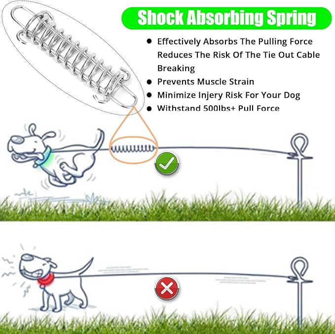 Jenico Dog Tie Out Cable, 10/15/20/30/40/50/70/100/150FT Runner Cable with Swivel Hook and Shock Spring, Yard and Camping Dog Leash Run Tether, Up to 500 LBS