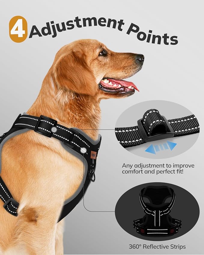 MIDOG No-Pull Dog Harness | Adjustable & Reflective Pet Harness Leash Set for Small Medium Large Dogs Walking, Training| No Choke, Front Clip, Soft Padded Vest with Easy Control Handle - Black, XL