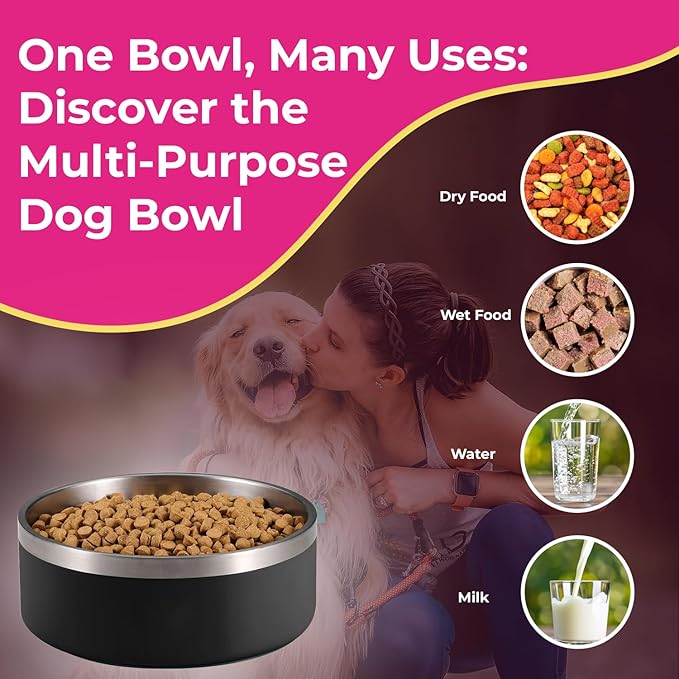Grey Dog Double Wall Stainless Steel Pet Bowl, Vacuum Insulated, Non Skid, 64 oz