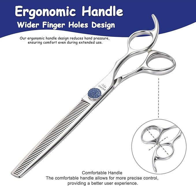 7'' Dog Grooming Scissors CNC 440C Blades Sharp and Durable Polished Thinning Dog Shears with Blue Diamond Adustable Screws Easy to Use for Groomer and Home User