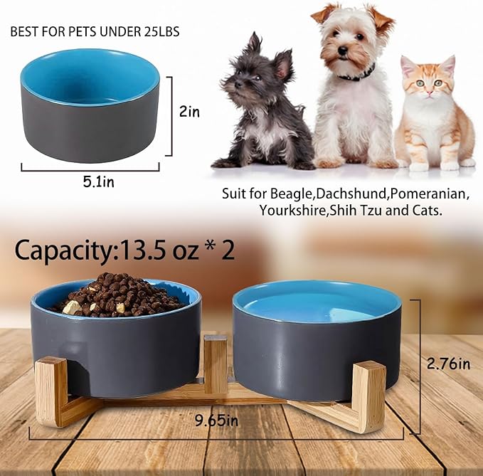 Petygooing Heavy 5.1 in Ceramic Cat Dog Bowls Set with Wood Stand for Food and Water, Non-Slip Cute Modern Pet Dish for Small Size Dogs and Cats (13.5OZ) Medium Sized Dogs (28OZ) Grey Blue
