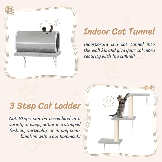 NUNU LAB Cat Wall Shelves Set, 7 Pcs Wall-Mounted Cat Climber with Cat House, Tunnel, Bridge, Scratching Post, Hammock, Wall Shelves, Gray