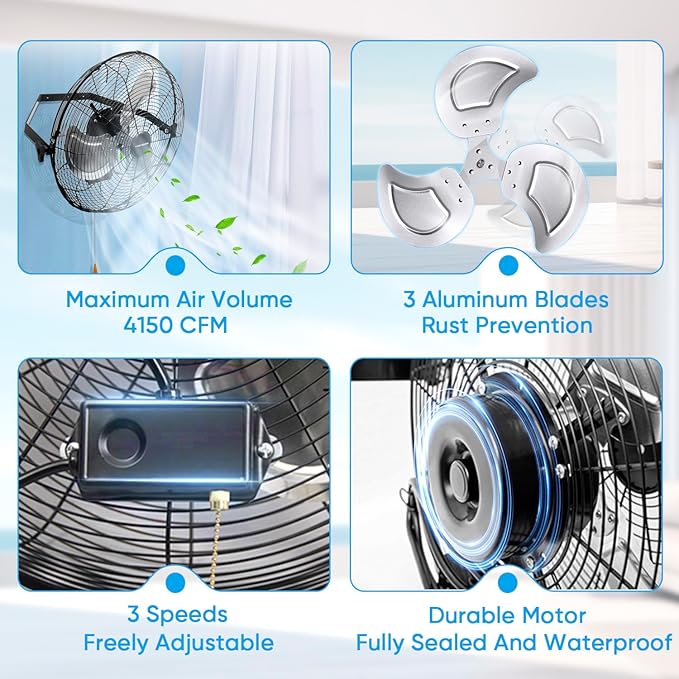 KEN BROWN 18 Inch Industrial Wall Mount Fan, 4300 CFM Metal Heavy Duty Fan, 3-Speeds High Velocity Oscillating Fans for Patios, Shop, Greenhouse, Garage, Commercial, Gazebo