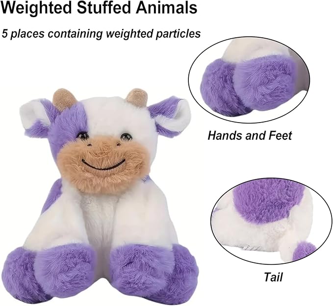 Purple and White Cow Weighted Stuffed Animal 7.87in Cute Sitting Cow Plush with Smile Soft Fluffy Small Farm Plushie for Kids Adults Birthday Festival Gift Bed Home Office Decoration Toys