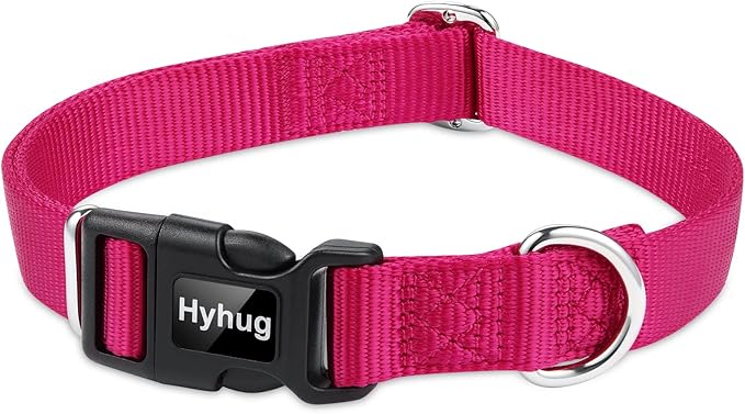 Hyhug Pets Solid Color Classic Regular Heavy Duty Basic Collar for Medium Dogs, Unique Design Adjustment Triglide Slide (Buckle) Can Attached Name Tag Accessories. (Medium, Rose Red)