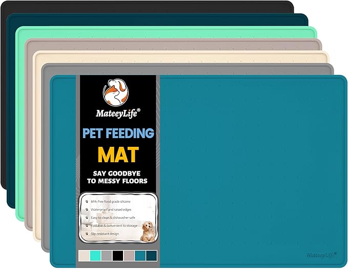 MateeyLife Dog & Cat Food Water Mat for Floors Waterproof, Nonslip Pets Bowl Feeding Mats with Raised Edges, Silicone Matt Tray for Messy Drinkers, 18"x12", Teal