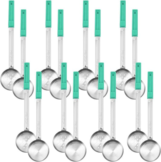 16 Pcs Portion Control Serving Spoons, Restaurant Measuring Serving Ladle Utensils, Portion Control Slotted Scoops for Weight Loss, Solid and Perforated Scoops(Green,4 oz)