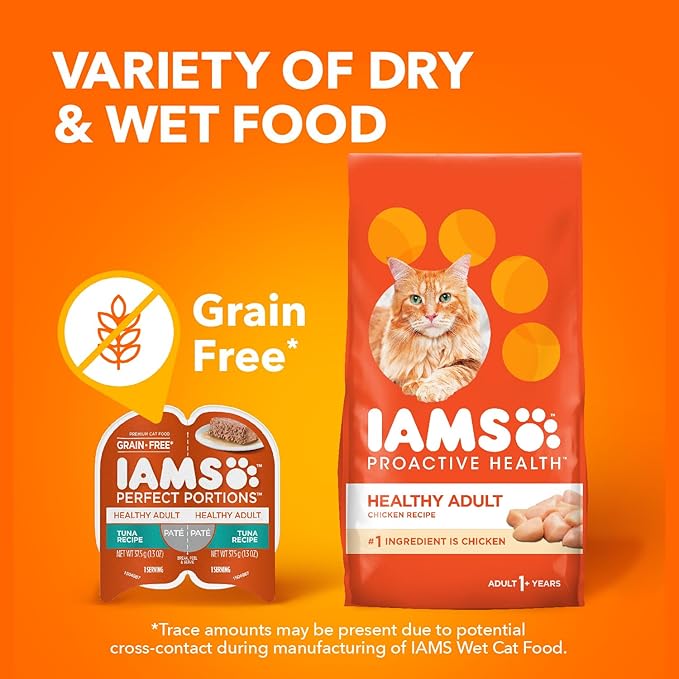 IAMS Perfect Portions Healthy Adult Grain Free Wet Cat Food Pate, Tuna Recipe, 2.6 oz. Easy Peel Twin-Pack Trays (24 Count, 48 Servings)