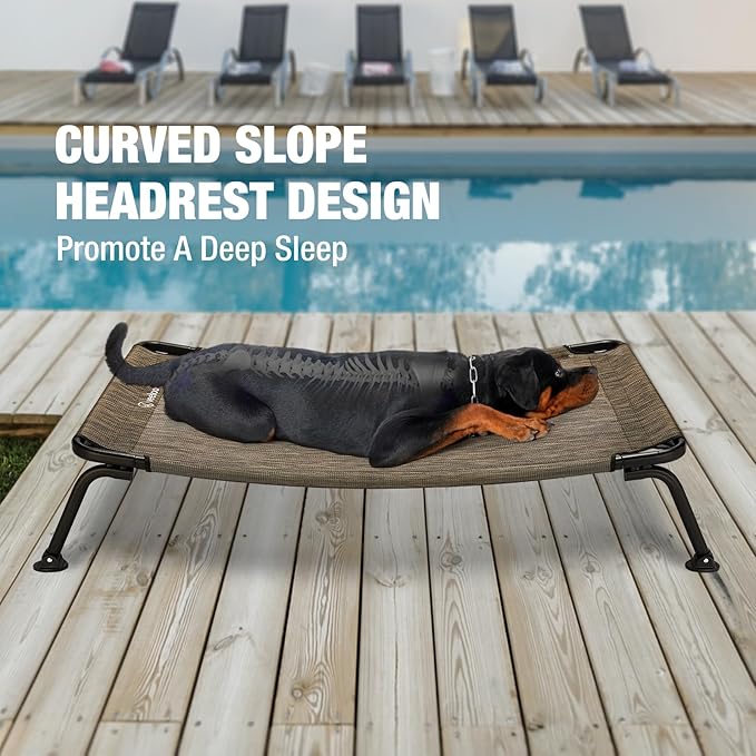 Veehoo Outdoor Elevated Dog Bed, Cooling Raised Dog Cot Bed XL, Portable Waterproof Curved Dogs Hammock Beds for Outside, up to 150lbs, Black Legs, Brown 49"