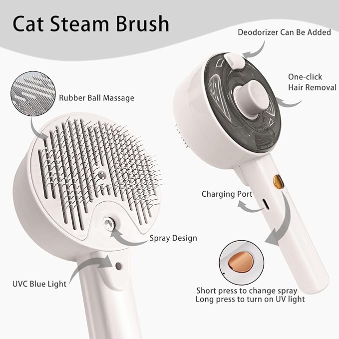 Cat Steam Brush For Shedding, Steamy Dog Grooming Brush With 2-Speed Spray, Blue Light And Release Button, Rechargeable Water Pet Hair Brushes Wet Self Cleaning Cat Spa Brush Cat Comb (White)