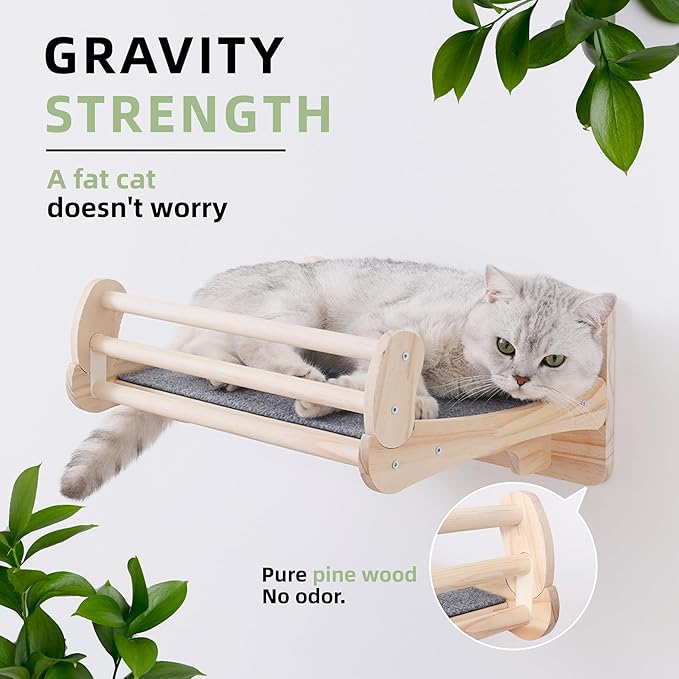 Pine Cat Wall Shelves with Scratch Mat, Wall-Mounted Cat Shelves, Space-Saving Shelf for Cats