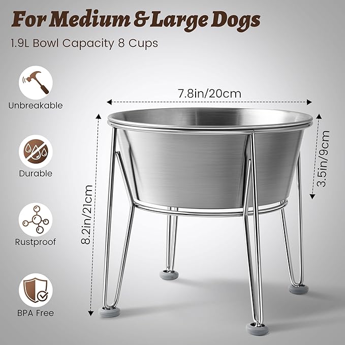 Elevated Dog Bowls for Large & Medium Dogs - Stainless Steel 64oz/8 Cup Raised Feeder with Non-Slip Base, Dual Food & Water Bowls 2-Pack