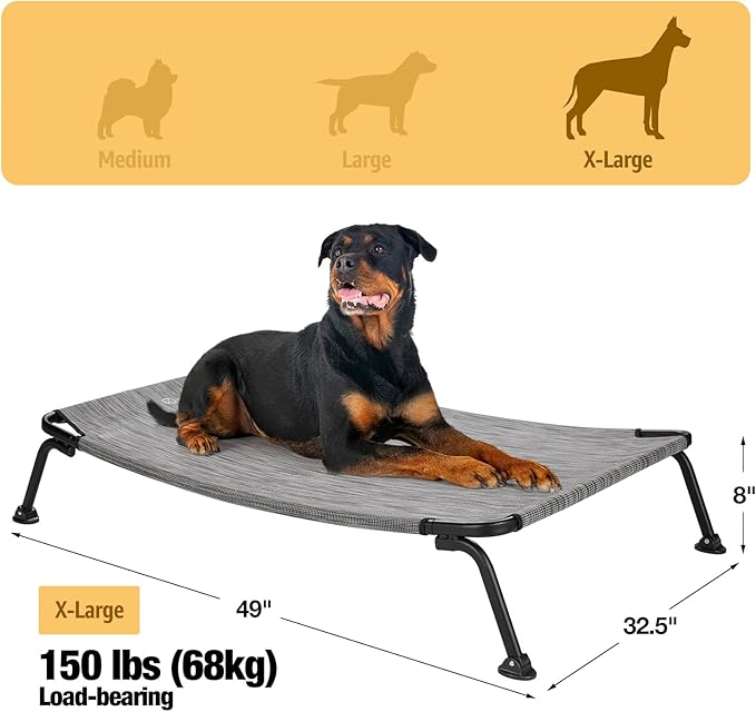 Veehoo Outdoor Elevated Dog Bed, Cooling Raised Dog Cot Bed XL, Portable Waterproof Curved Dogs Hammock Beds for Outside, up to 150lbs, Black Legs, Black Silver 49"