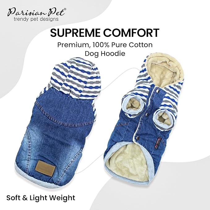 Parisian Pet Basic Dog Hoodie - Lightweight Denim Striped Sweatshirt With Leash Hole and Pockets - Blue Cotton Clothes for Medium Dogs - M