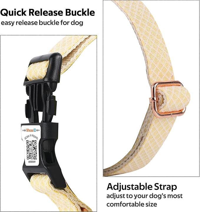 Dog Collar with Waterproof AirTag Holder & Anti-Lost QR Code, Cute Bling Warpping Adjustable Width for Small Medium Large Pet (Yellow, L)