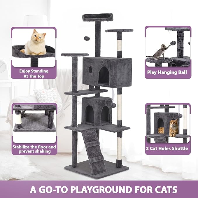 70 inches Cat Tower for Indoor Cats Multi-Level Cat Condos for XL Cat Tree Cat Climbing Tower with Scratching Posts, Hanging Toys,Light Gray