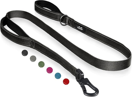 TwoEar 6FT 1IN Strong Black Dog Leash with 2 Padded Handles, Traffic Handle Extra Control, Comfortable Soft Dual Handle, Auto Lock Hook, Reflective Walking Lead for Small Medium and Large Dogs