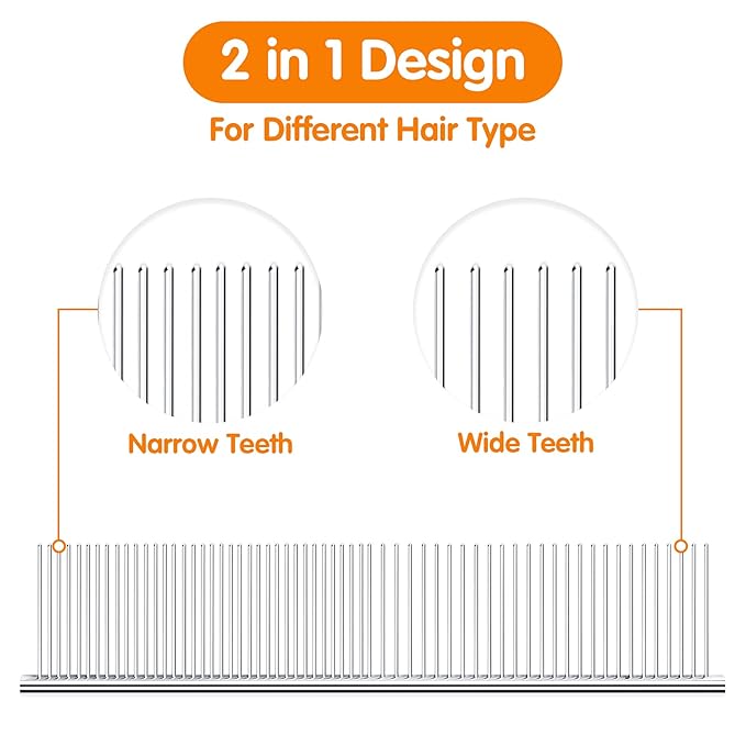 PETTOM Pet Steel Grooming Tool Poodle Finishing Butter Comb 7 1/2-inch L Silver Dog Combs with Rounded Ends Stainless Steel Teeth, Cat Comb for Removing Tangles and Knots